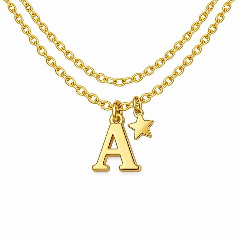 Waterproof 18k Gold Plated Initial Letter Necklace Stainless Steel Star Charm Initial