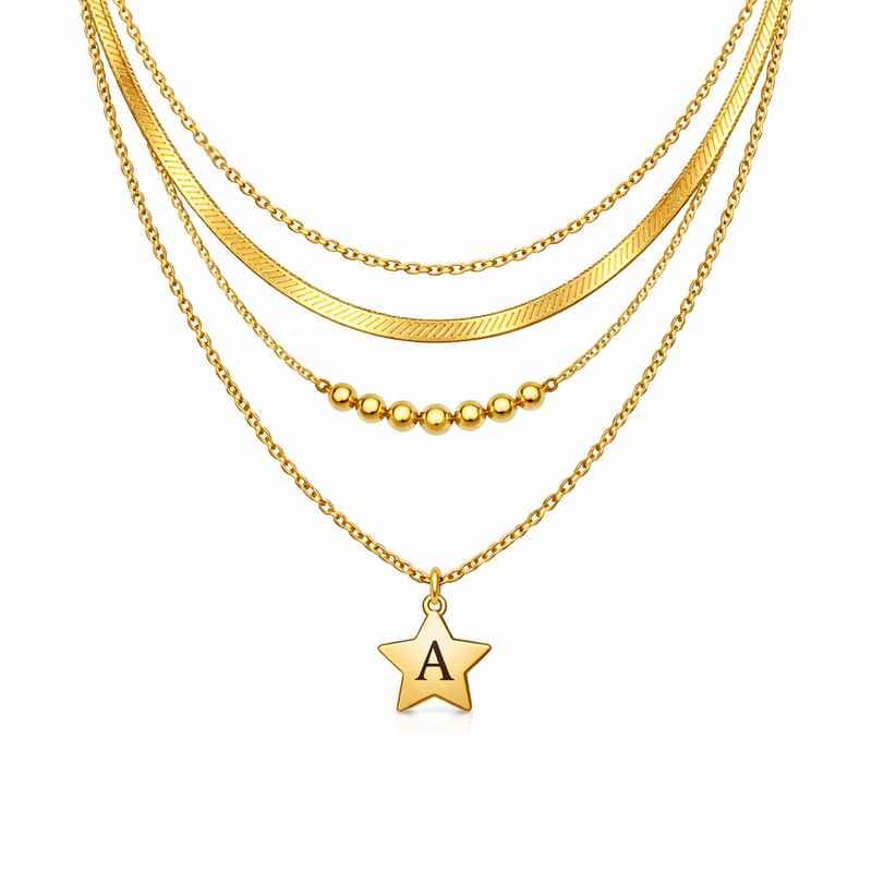 Waterproof 18k Gold Plated Necklace with Initial Letter Star Charm for Layering