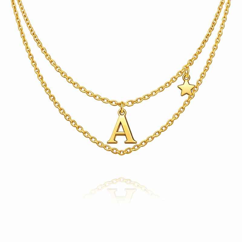 Waterproof 18k Gold Plated Necklace with Initial Letter Charm and Star Layering