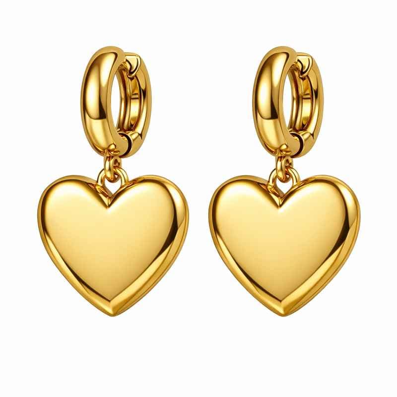 Adorable Gold Plated Heart Earrings Chunky Stainless Steel Dangle Shaped