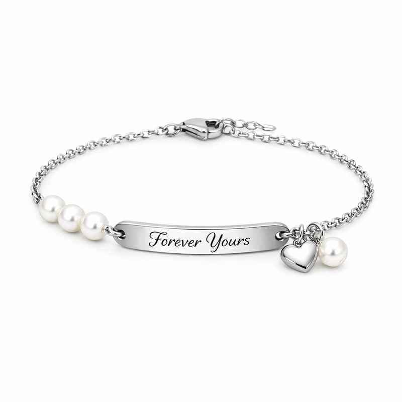 Dainty Romantic Stainless Steel Personalized Engraving Pearl Love Heart Charm Bracelet