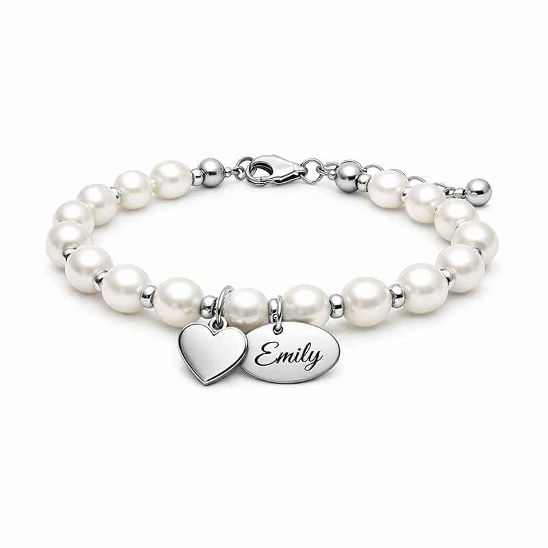 Dainty Romantic Pearl Bracelet Stainless Steel Personalized Engraving Love Heart Charm