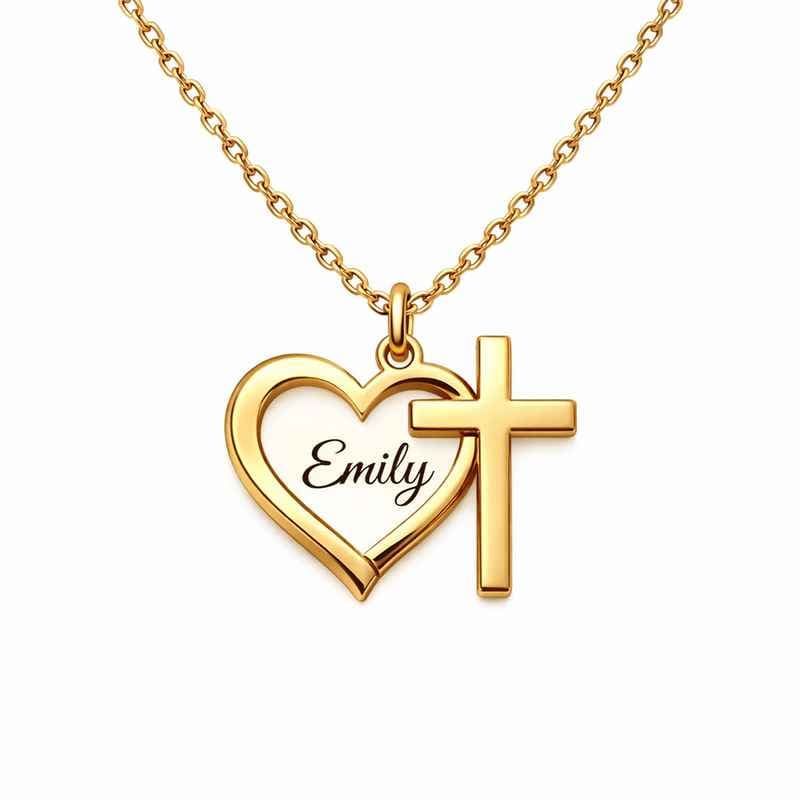 Initial Cross Heart Charm Necklace - 名入れゴールドペンダント