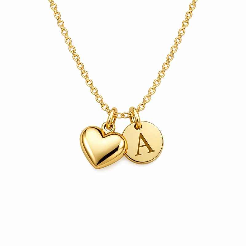 Initial Heart Charm Necklace with Personalized Gold Pendant Stainless Steel