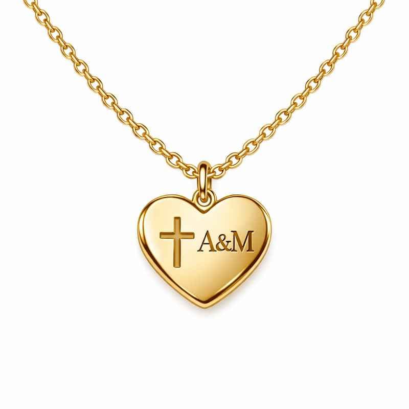 Personalized Gold Stainless Steel Pendant with Initial Cross Heart Charm Necklace