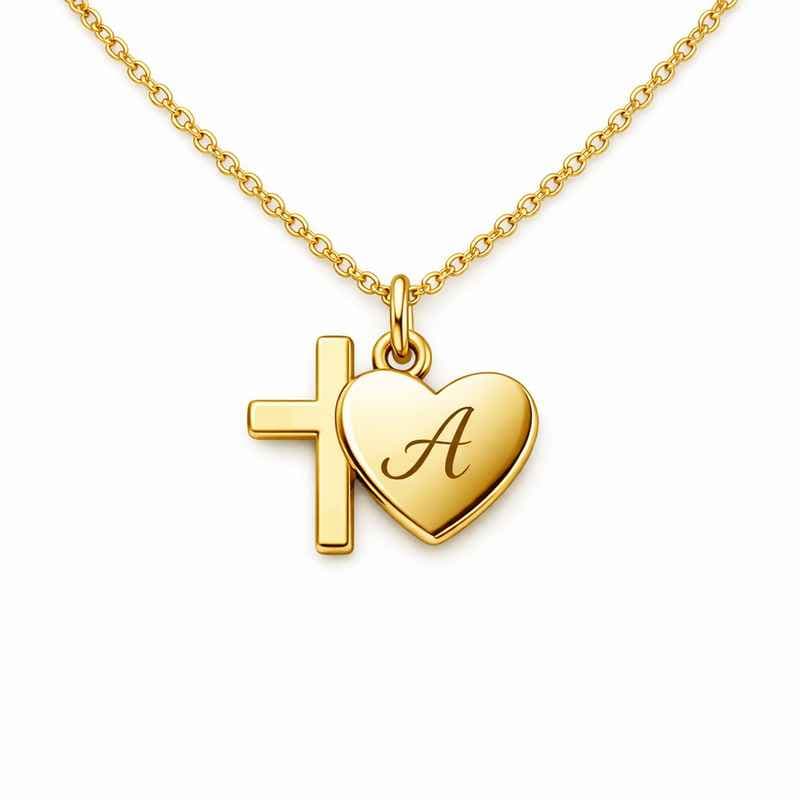 Personalized Gold Stainless Steel Pendant Initial Cross Heart Necklace