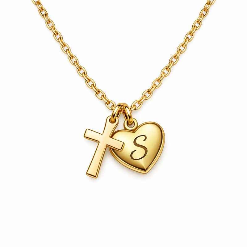 Initial Cross Heart Charm Necklace with Personalized Gold Stainless Steel Pendant