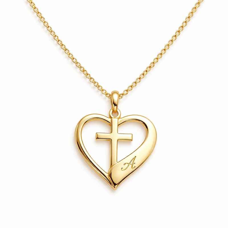 Initial Cross Heart Necklace with Personalized Gold Stainless Steel Pendant