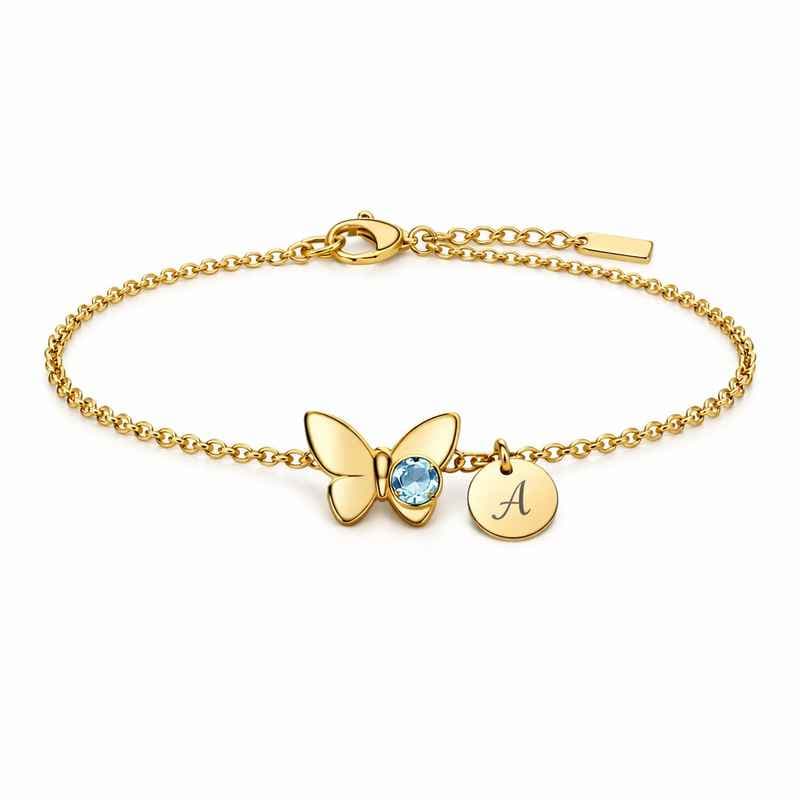 Personalized Gold Stainless Steel Bracelet with Butterfly Birthstone Charm