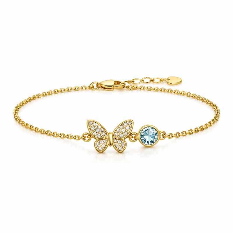 Gold Butterfly Charm Bracelet with Personalized Birthstone Stainless Steel