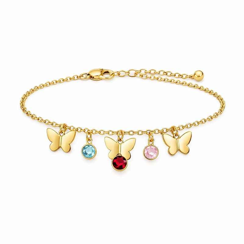 Butterfly Birthstone Charm Bracelet Personalized Gold Stainless Steel Custom Birthstone