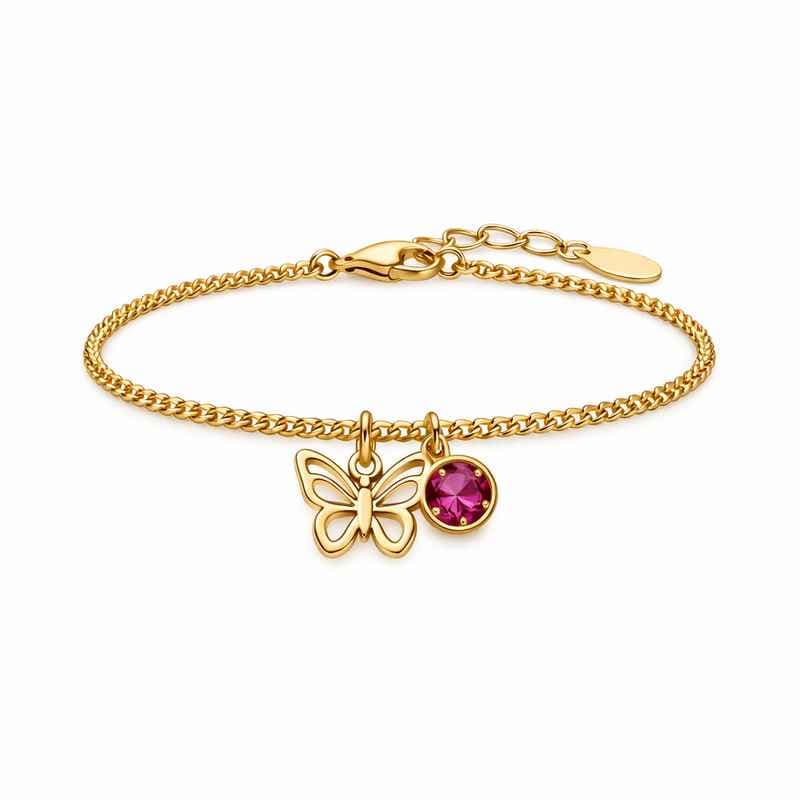Personalized Butterfly Birthstone Charm Gold Stainless Steel Bracelet