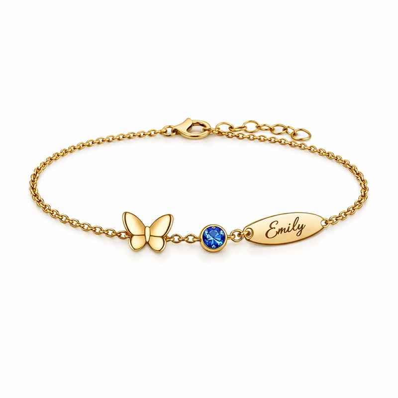 Personalized Butterfly Birthstone Charm Gold Stainless Steel Bracelet