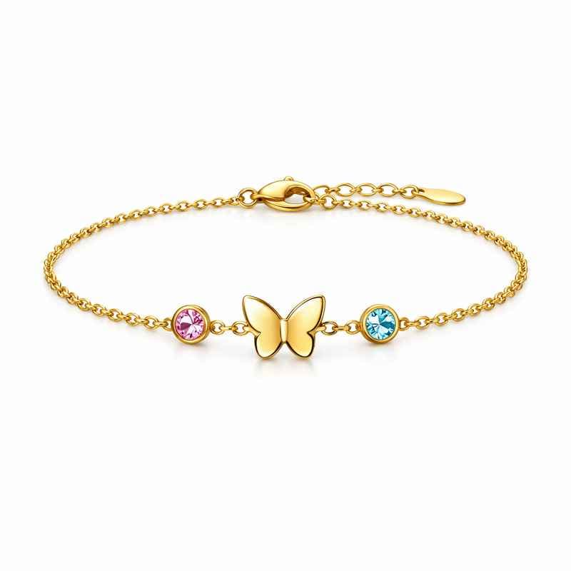 Custom Gold Stainless Steel Butterfly Birthstone Charm Bracelet Personalized Jewelry