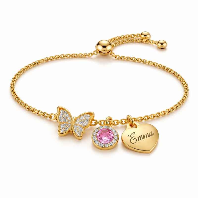 Butterfly Birthstone Charm Bracelet مجوهرات من الفولاذ المقاوم للصدأ الذهبي مخصصة تصميم حسب الطلب