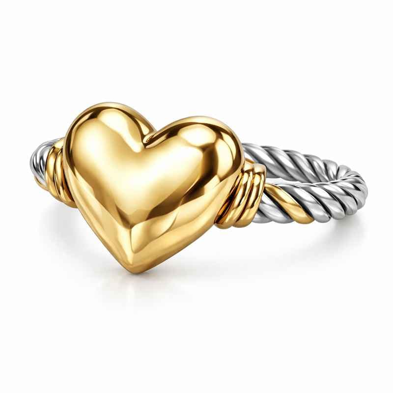 Vintage 14k Gold Heart Ring with Twisted Gold Stainless Steel Design