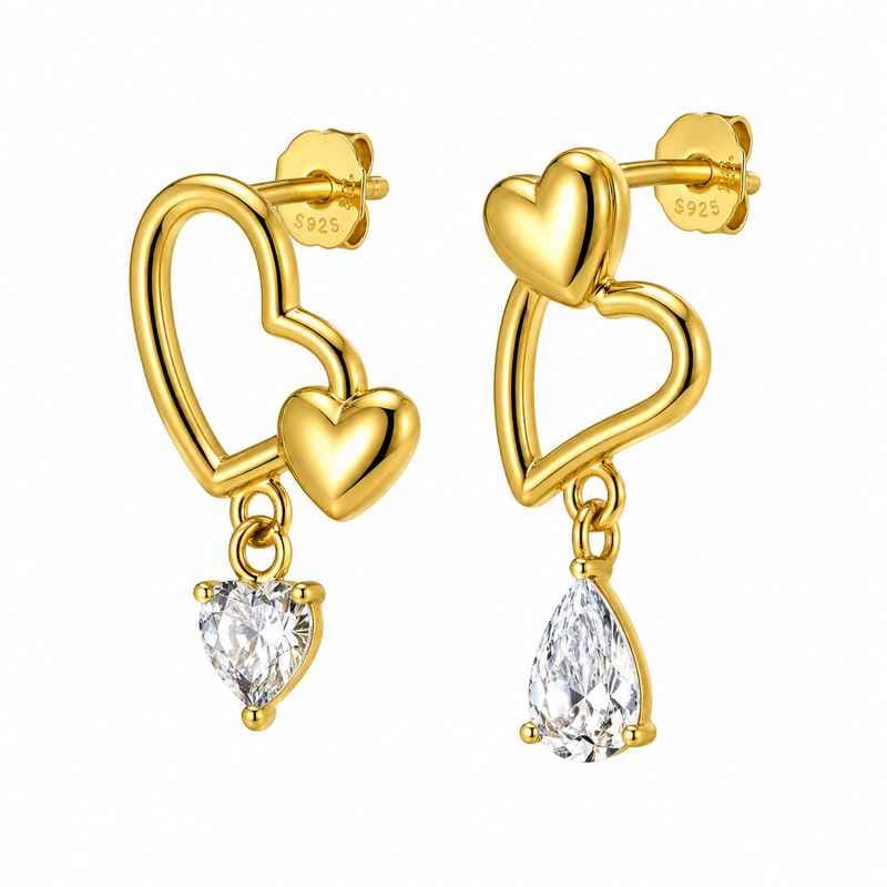 Asymmetric Heart Gold Earrings with Zircon Drop Stainless Steel