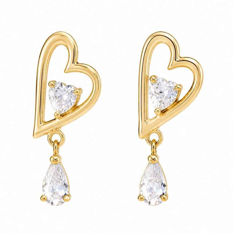 Asymmetric Heart Gold Earrings with Plated Zircon Drop Stainless Steel