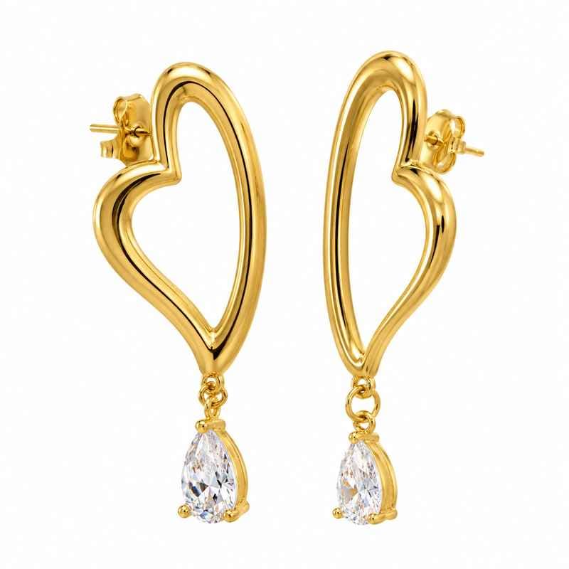 Asymmetric Heart Gold Plated Earrings with Zircon Drop Elegance