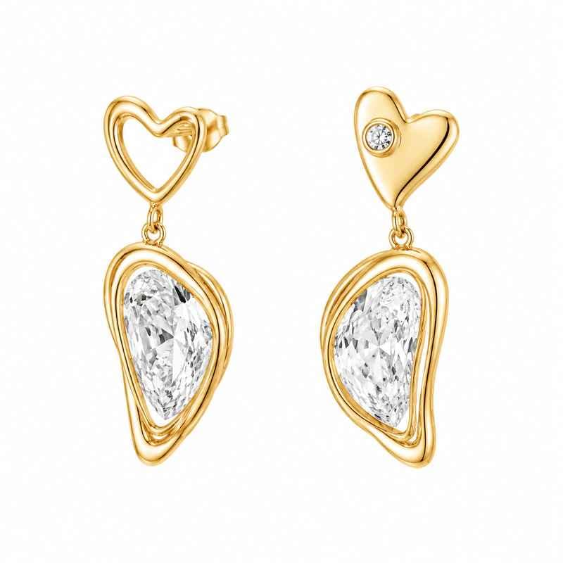 Asymmetric Heart Zircon Earrings Gold Plated Stainless Steel Drop Elegant Asymmetric