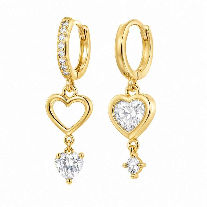Asymmetric Heart Zircon Drop Earrings Gold Plated Stainless Steel Shaped Dangle
