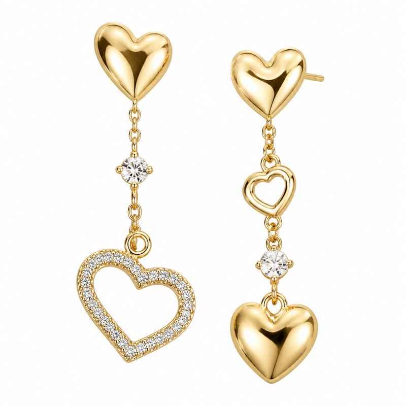 Asymmetric Heart Zircon Drop Earrings Gold Plated Stainless Steel Shaped Dangle