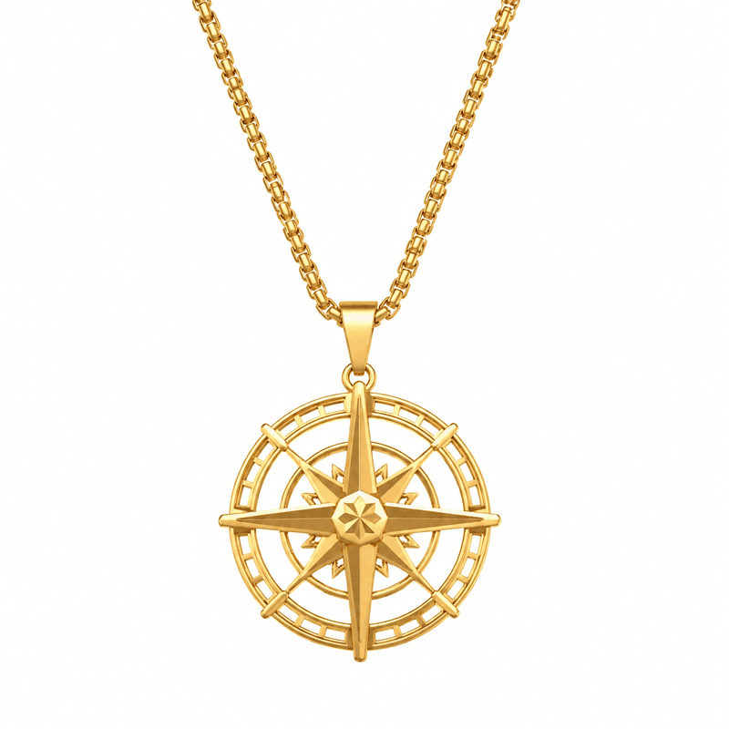 Geometric Hollow 18k Gold Stainless Steel Compass Pendant Necklace: Custom Wholesale 18k Gold Compass Jewelry for Men & Gift Solutions