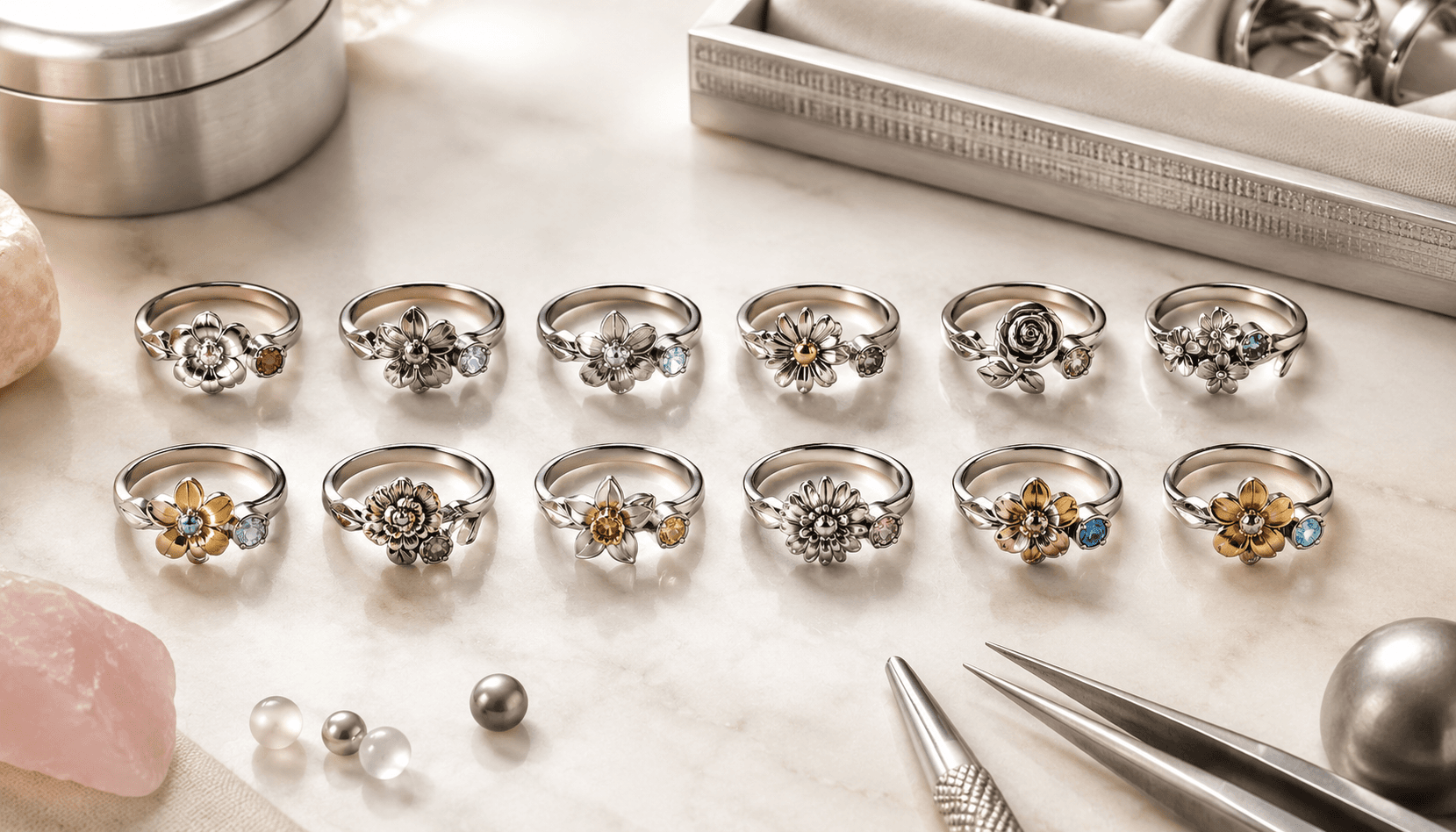 Festive Elegance: 12-Month Birth Flower Rings in Stainless Steel