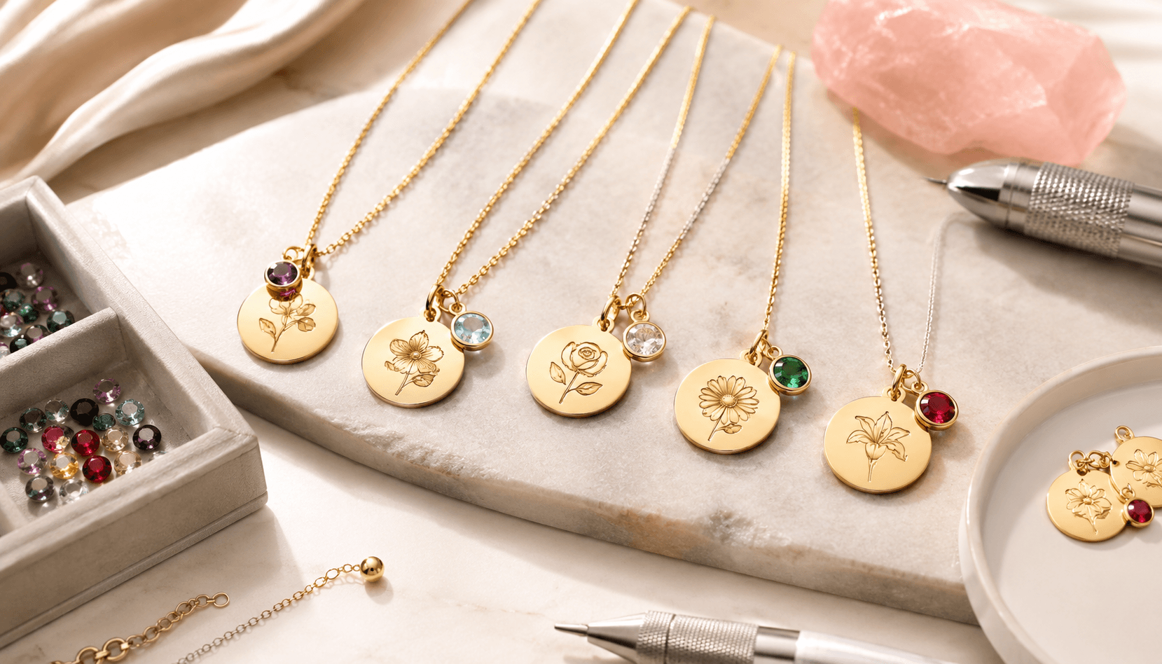 Custom Birth Month Flower & Birthstone Gold Charm Necklace: Material & Craftsmanship Spotlight