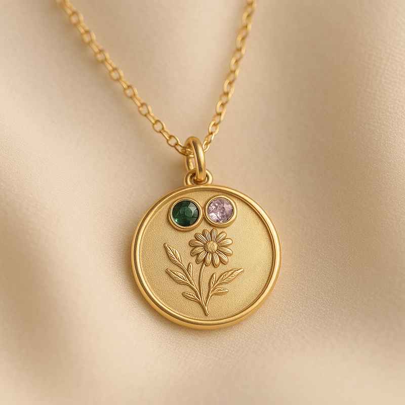 Custom Birth Month Flower Birthstone Gold Charm Necklace Custom Birth Month Flower Birthstone Gold Charm Necklace - 特色图片