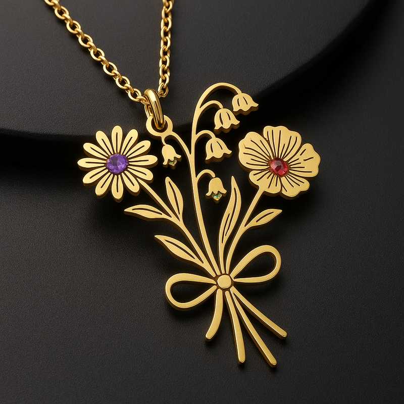 Custom Birth Month Flower Birthstone Gold Charm Necklace - 特色图片
