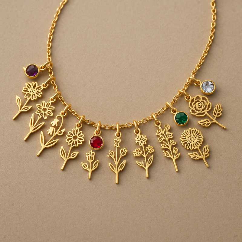 Custom Birthstone Gold Charm Necklace Manufacturing Custom Birthstone Gold Charm Necklace Manufacturing - 特色图片