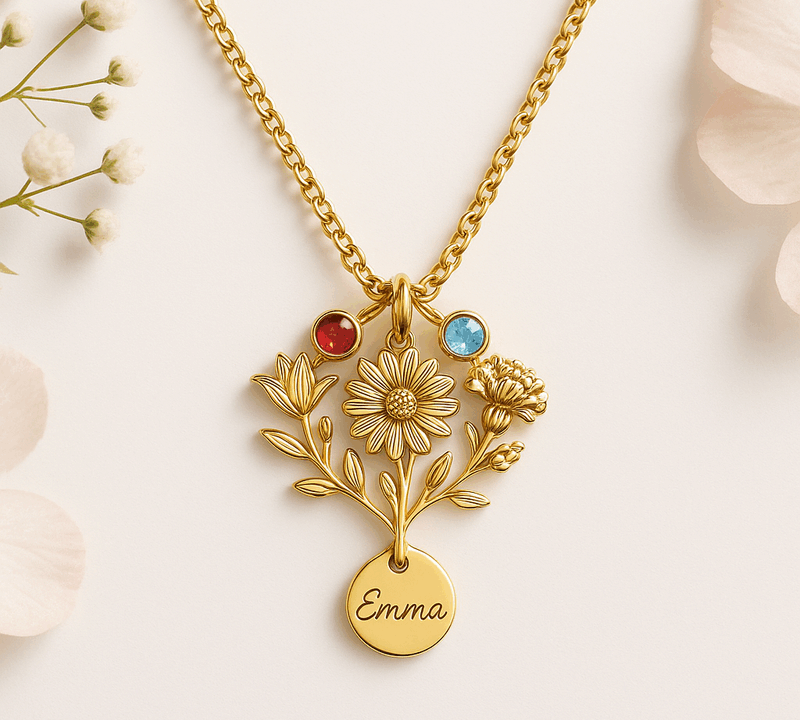 Custom Birth Flower Birthstone Necklace Trends: Boost Sales with Personalized Gold Charm Bouquet Jewelry in Stainless Steel
