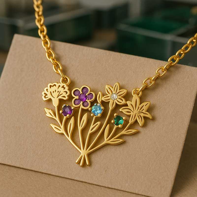 Custom Birth Month Flower Birthstone Gold Charm Necklace - 特色图片