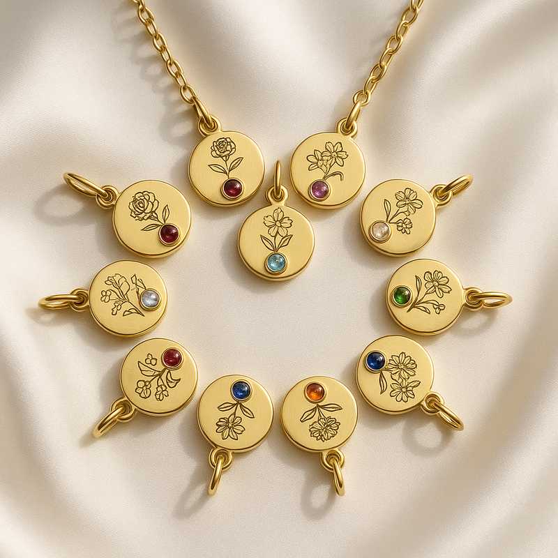 Premium Birth Month Flower Birthstone Gold Charm Necklace Premium Birth Month Flower Birthstone Gold Charm Necklace - 特色图片