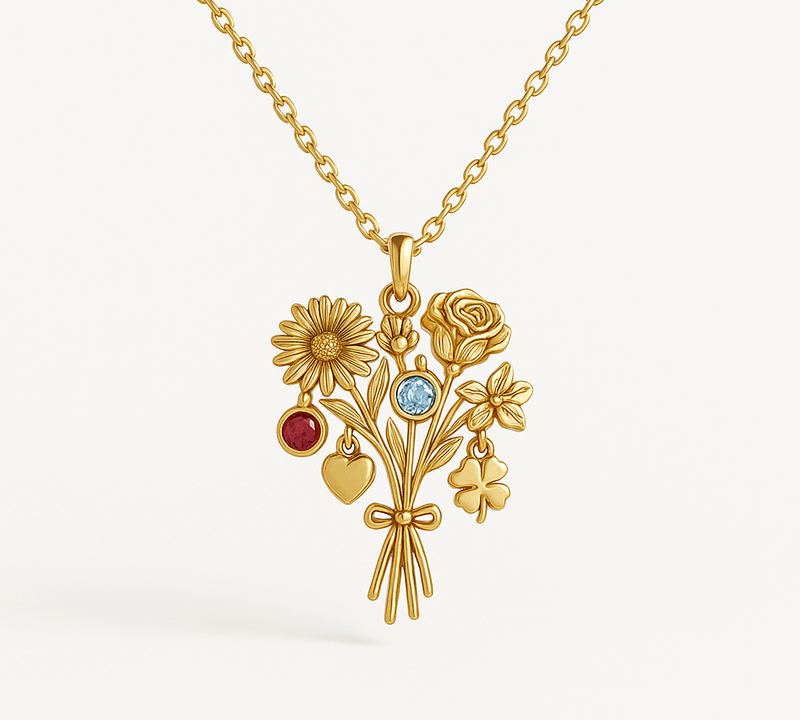 Boost Wholesale Sales with Custom Birth Month Flower Birthstone Gold Charm Bouquet Necklace Manufacturing