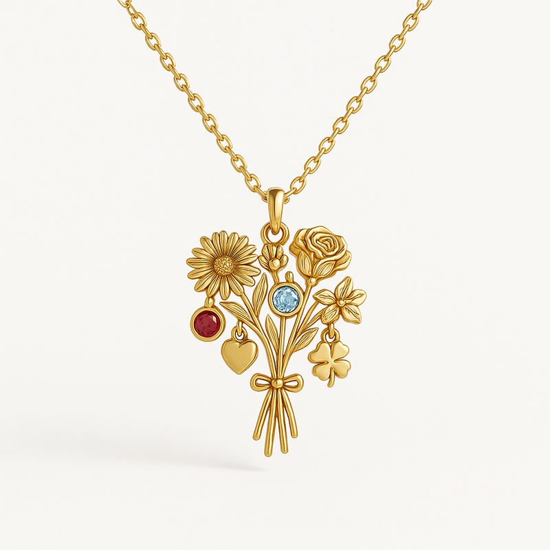 Boost Wholesale Sales with Custom Birth Month Flower Birthstone Gold Charm Bouquet Necklace Manufacturing