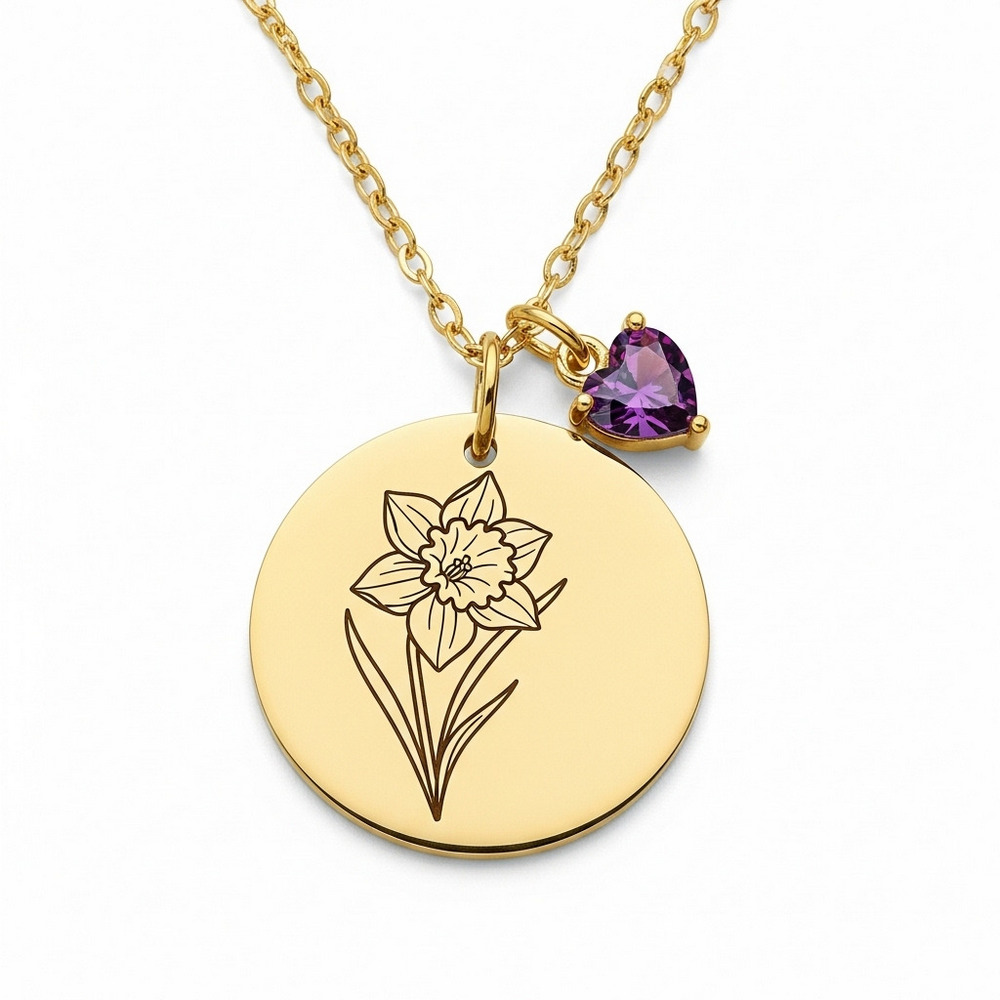 Custom Birth Month Flower Necklace with Daffodil Birthstone Charm – Personalized Floral Birthstone Pendant in Gold