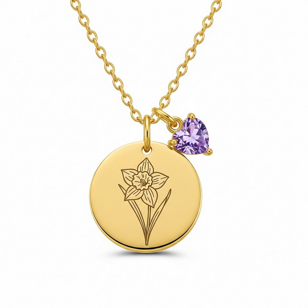 Custom Birth Month Flower Necklace with Daffodil Birthstone Charm - Personalized Flower Birthstone Pendant