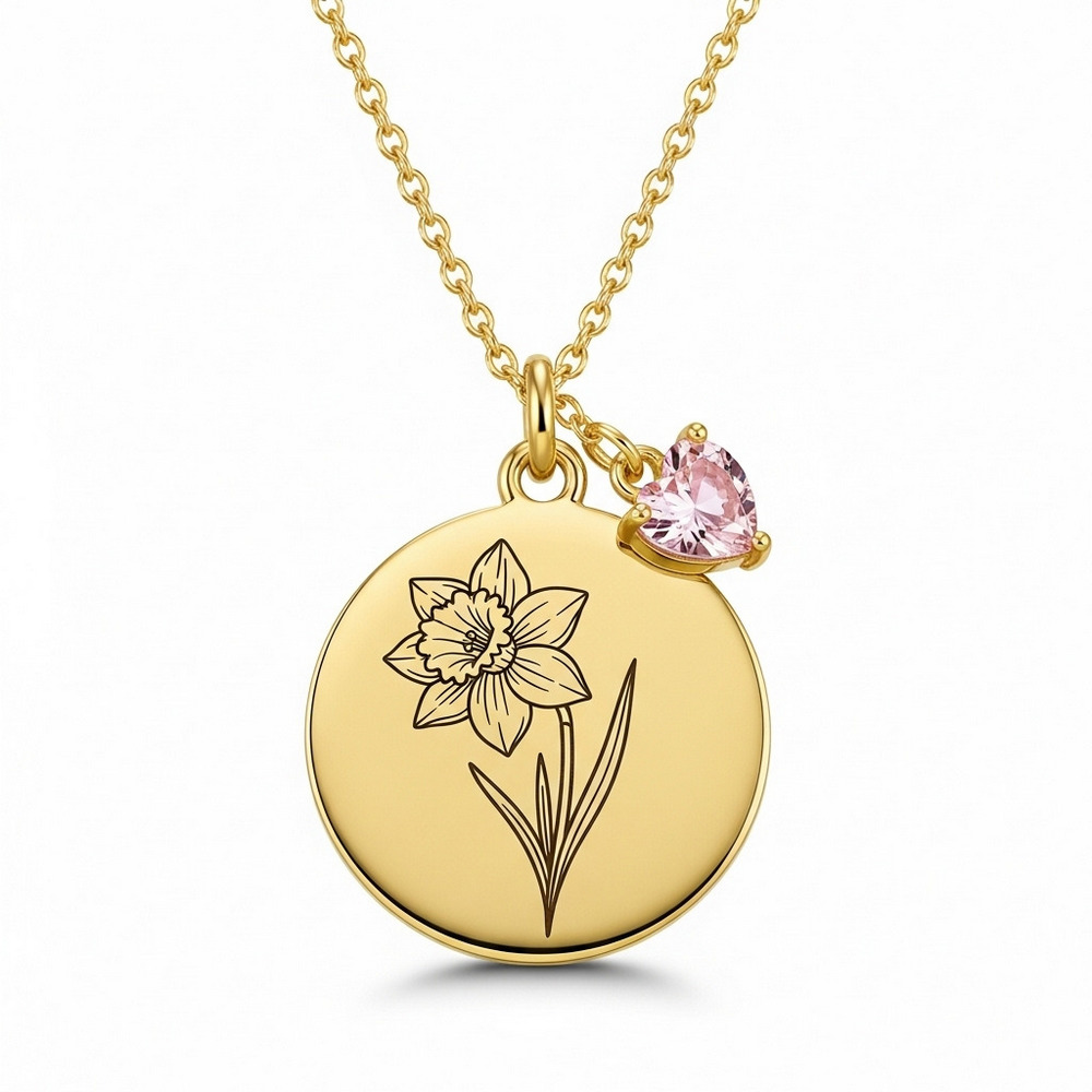 Custom Daffodil Birth Flower Necklace with Gold Birthstone Charm and Pink Gem