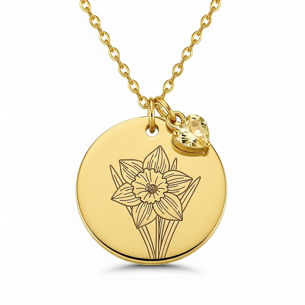 Custom Flower Charm Necklace - Daffodil Birthstone Necklace in Gold | Birth Month Flower Pendant