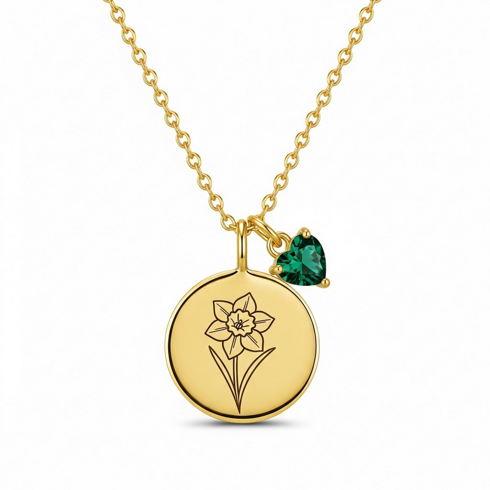 Custom Birth Month Flower Necklace with Daffodil Birthstone Charm Pendant - Personalized Floral Birthstone Necklace