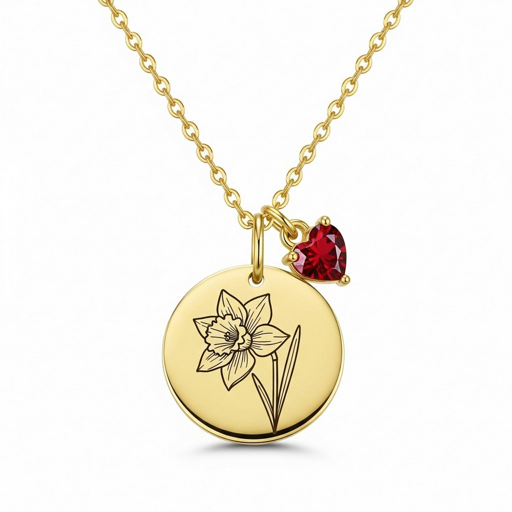 Custom Birth Flower and Birthstone Necklace - Daffodil Gold Pendant with Garnet Charm, Personalized Flower and Gemstone Necklace