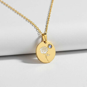 Gold Rose Pendant Necklace: Elegant Floral Gemstone Jewelry – Custom Birth Month Flower Necklace