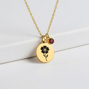 Violet Birth Month Flower Birthstone Charm Necklace with Red Zircon Charm