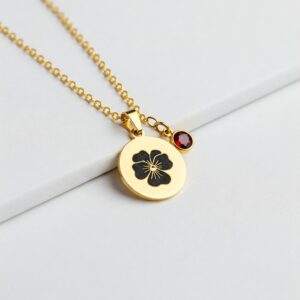 Elegant Gold Plated Hibiscus Necklace with Floral Gemstone Pendant - Custom Birth Month Flower Charm