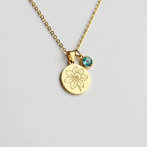 Delicate Gold Flower Pendant Necklace with Blue Gemstone Charm - Custom Birth Month Flower Charm Necklace