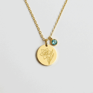 Gold Daffodil Charm Necklace: Floral Gemstone Birthstone Necklace | Custom Birth Month Flower Necklace