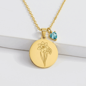 Elegant Floral Pendant Birthstone Necklace with Daffodil Engraved Gold Charm, Perfect for Personalized Flower Jewelry Lovers