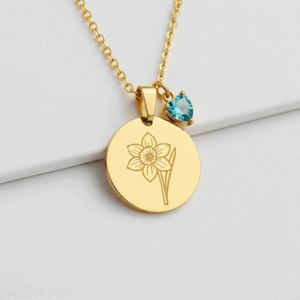 Elegant Custom Daffodil Charm Gold Necklace with March Birthstone Aquamarine Pendant | Personalized Flower Birthstone Jewelry